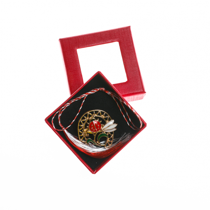 Brosa mica eleganta in forma de potcoava cu ghiocel si buburuza [4]