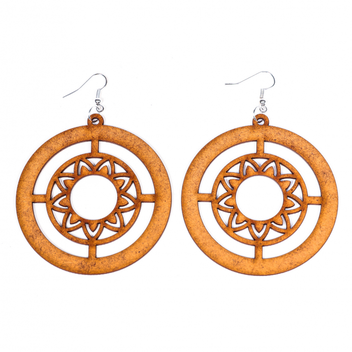 Cercei din lemn circulari cu o floare [2]
