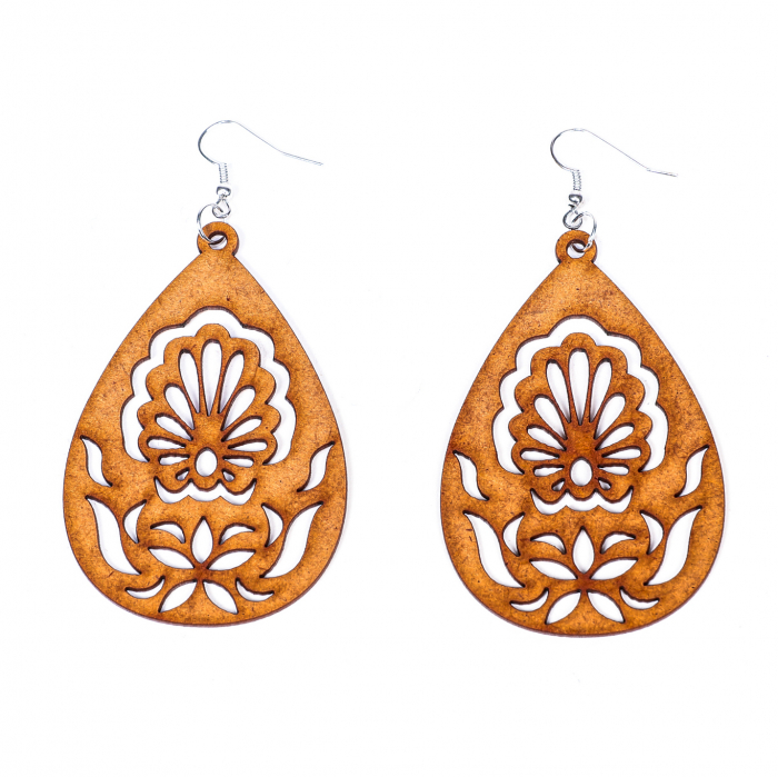 Cercei din lemn cu floare si model [2]