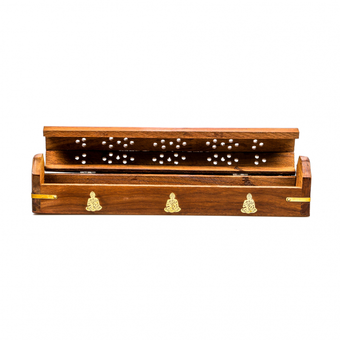 Cutie lemn pentru betisoare si conuri parfumate maro cu simbol budist [5]