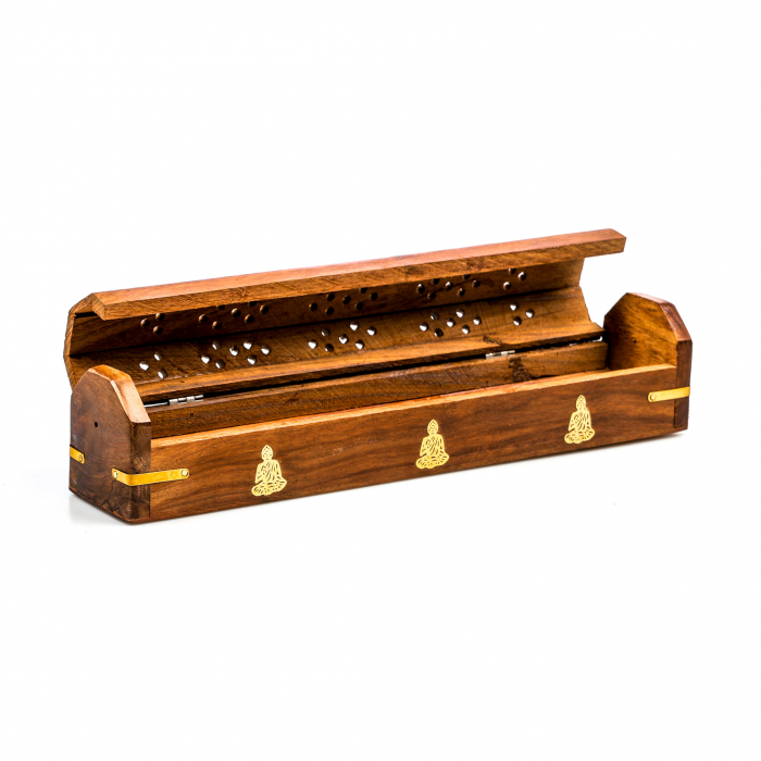 Cutie lemn pentru betisoare si conuri parfumate maro cu simbol budist [4]