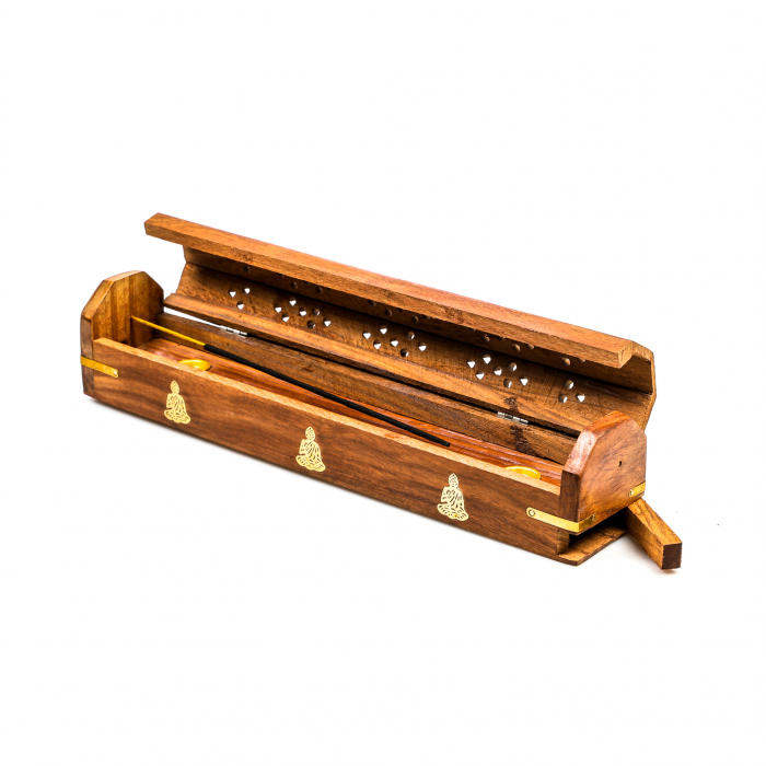Cutie lemn pentru betisoare si conuri parfumate maro cu simbol budist [9]