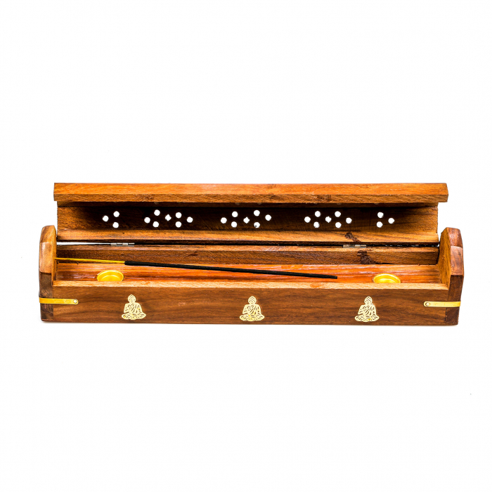 Cutie lemn pentru betisoare si conuri parfumate maro cu simbol budist [7]