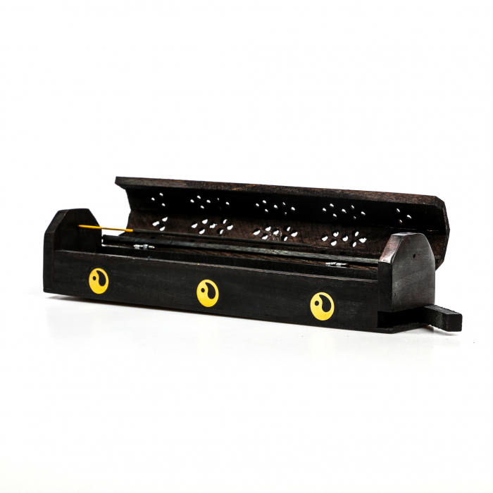 Cutie lemn pentru betisoare si conuri parfumate negru cu yin yang [10]