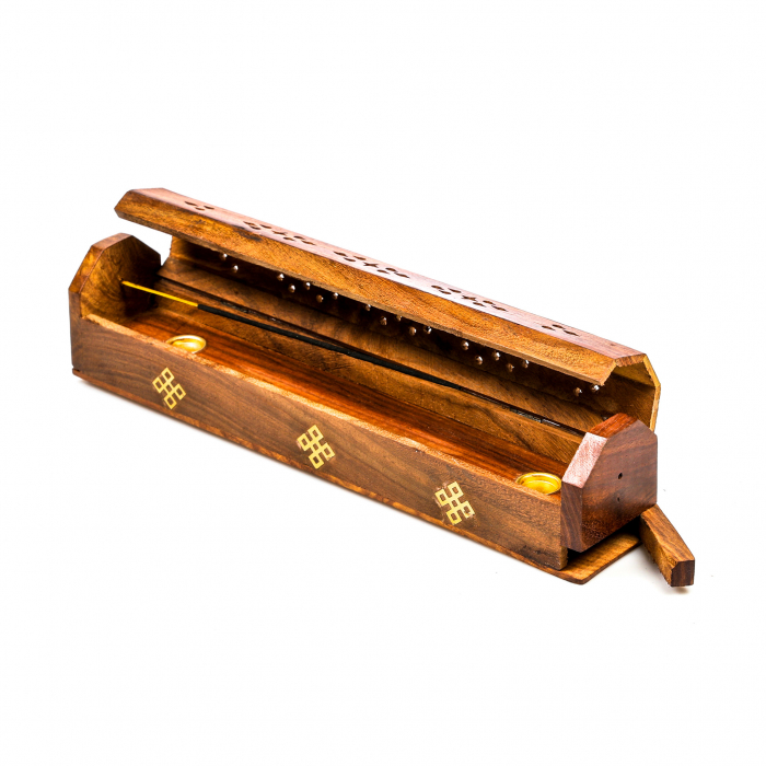 Cutie lemn pentru betisoare si conuri parfumate maro cu simbol [2]