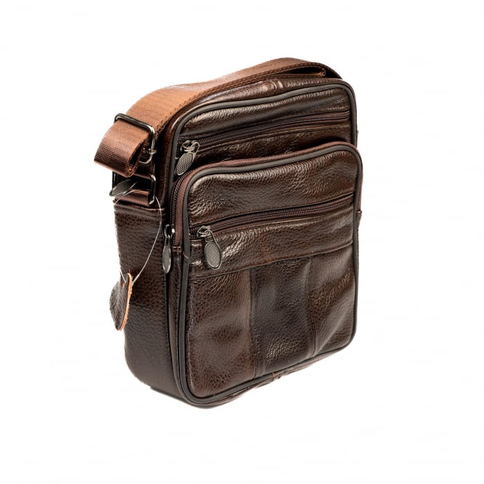 Geanta piele barbati mare cu fermoare, maro [4]