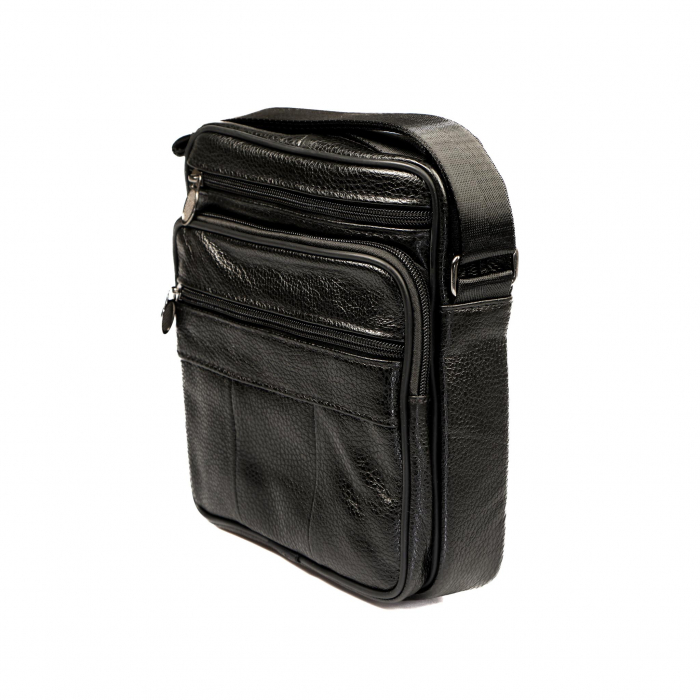 Geanta piele barbati mare cu fermoare, neagra [2]