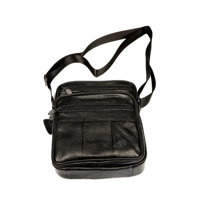 Geanta piele barbati mare cu fermoare, neagra [3]