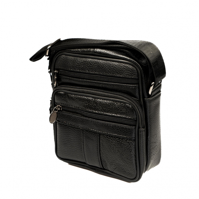 Geanta piele barbati mica cu fermoare, neagra [2]