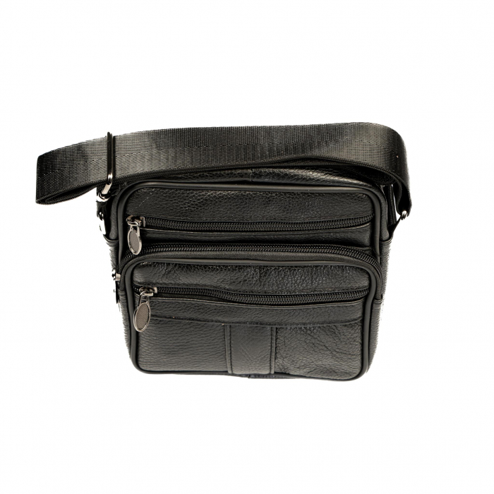 Geanta piele barbati mica cu fermoare, neagra [3]