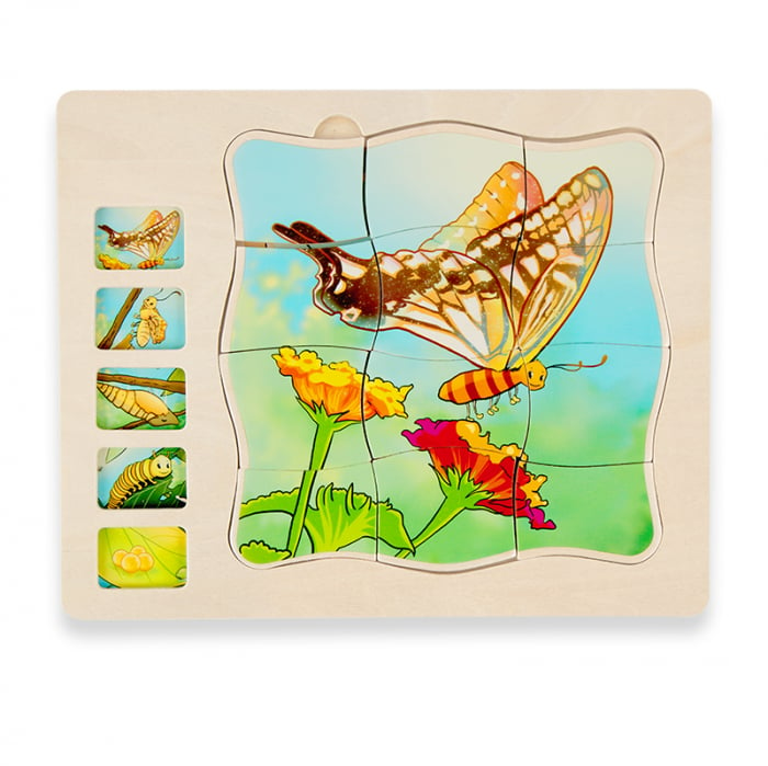 Joc Montessori din lemn - puzzle inteligent 5 in 1 fluture si floare [1]