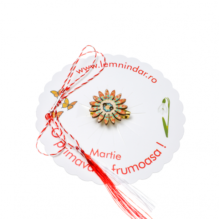 Martisor-brosa cu o floare retro in stil boem turcoaz, crem si portocaliu [2]