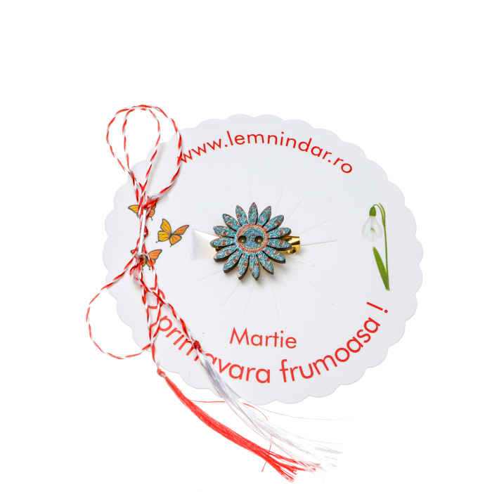 Martisor-brosa cu o floare retro in stil boem verde marin cu centru colorat [2]