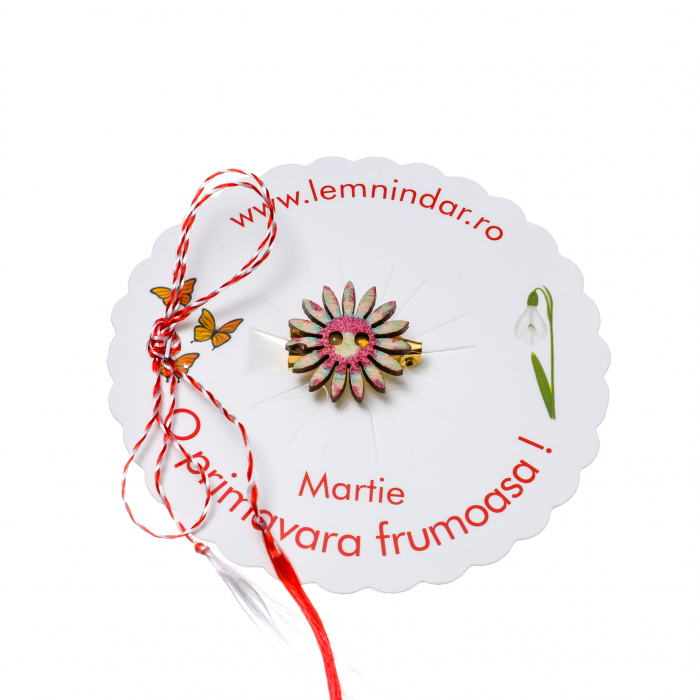 Martisor-brosa cu o floare retro in stil boem crem, roz si turcoaz cu centrul roz [2]