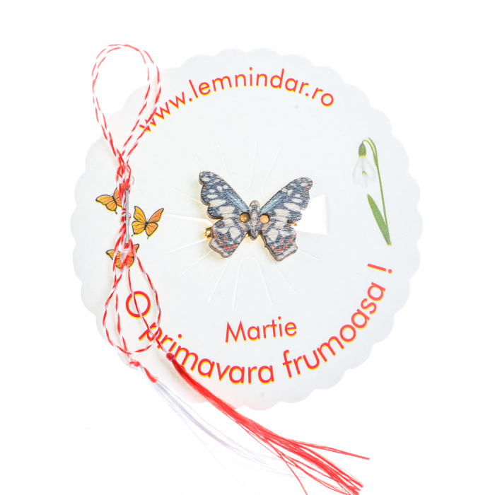 Martisor-brosa cu un fluturas model cu alb, albastru si rosu [3]