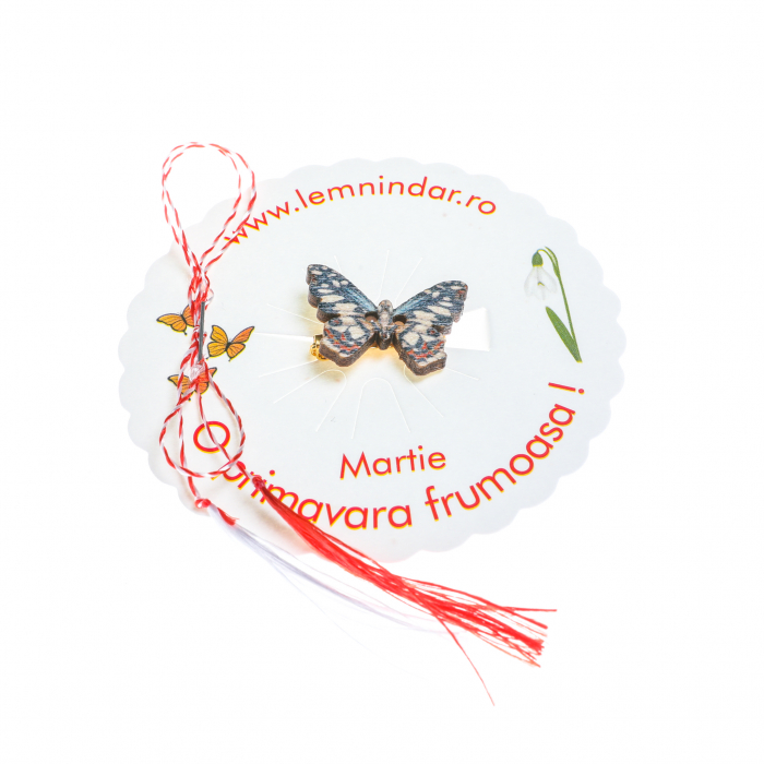 Martisor-brosa cu un fluturas model cu alb, albastru si rosu [2]