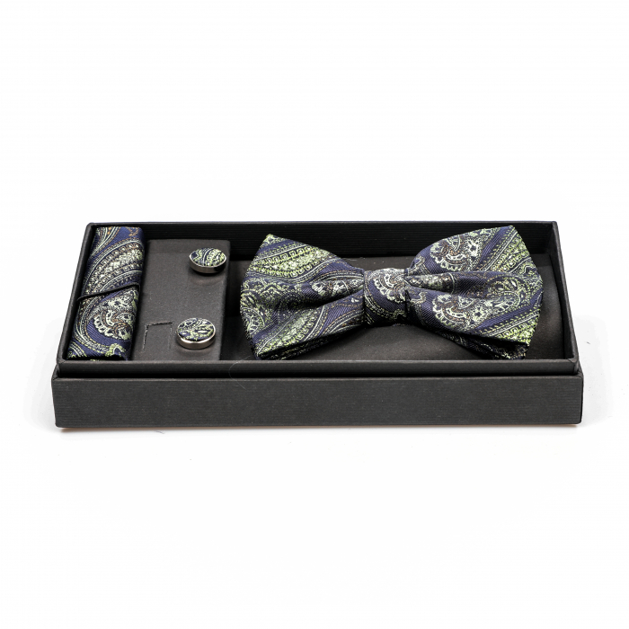 Papion albastru inchis cu model vernil cu butoni si batista [2]