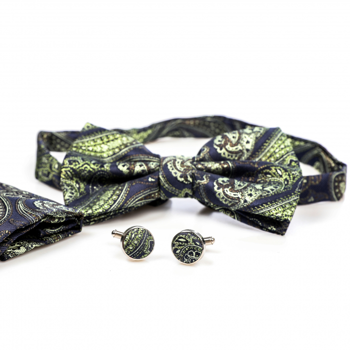 Papion albastru inchis cu model vernil cu butoni si batista [5]