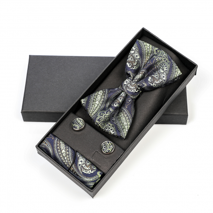 Papion albastru inchis cu model vernil cu butoni si batista [3]