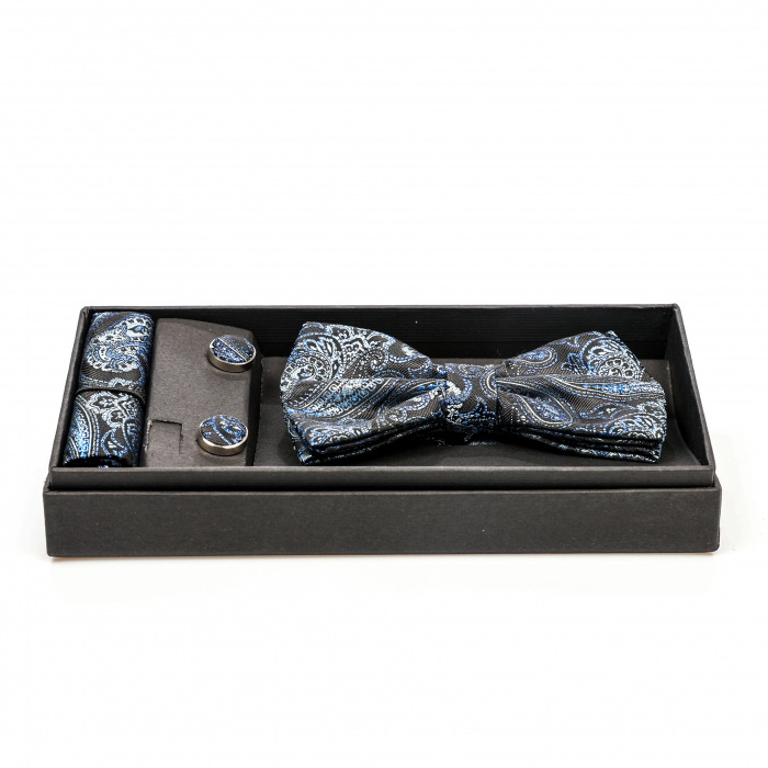 Papion negru cu model albastru cu butoni si batista [2]