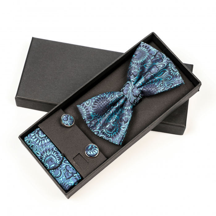Papion albastru inchis cu model turcoaz cu butoni si batista [3]
