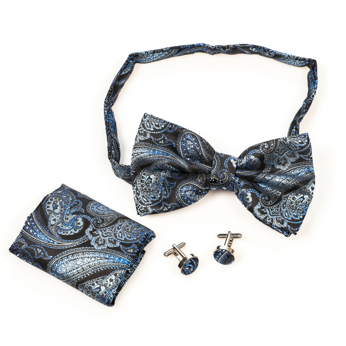 Papion negru cu model albastru cu butoni si batista [4]