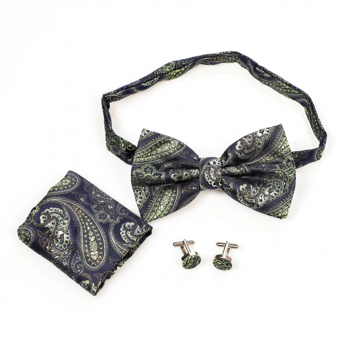 Papion albastru inchis cu model vernil cu butoni si batista [4]