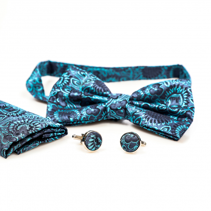Papion albastru inchis cu model turcoaz cu butoni si batista [5]