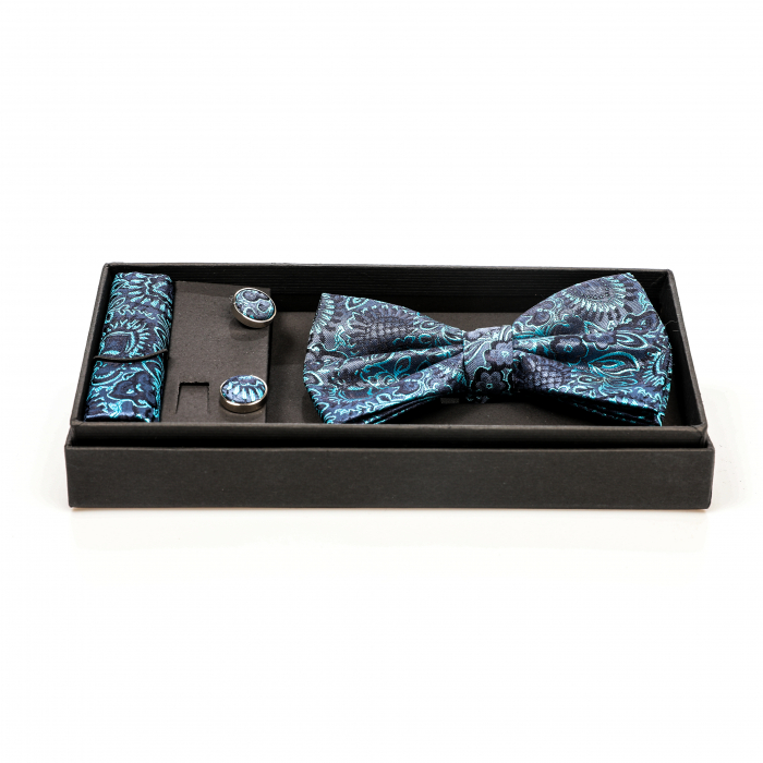 Papion albastru inchis cu model turcoaz cu butoni si batista [2]