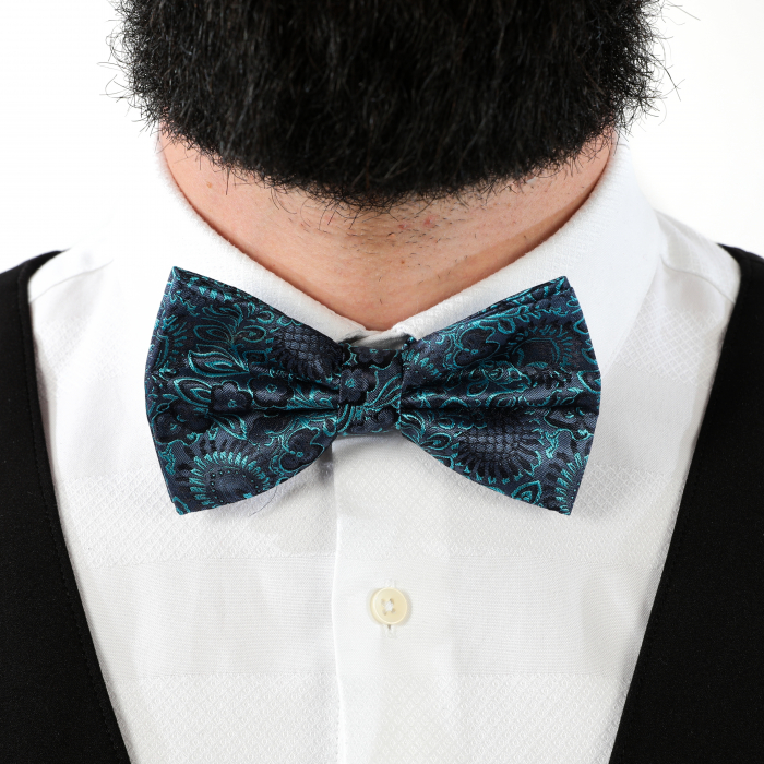 Papion albastru inchis cu model turcoaz cu butoni si batista [8]