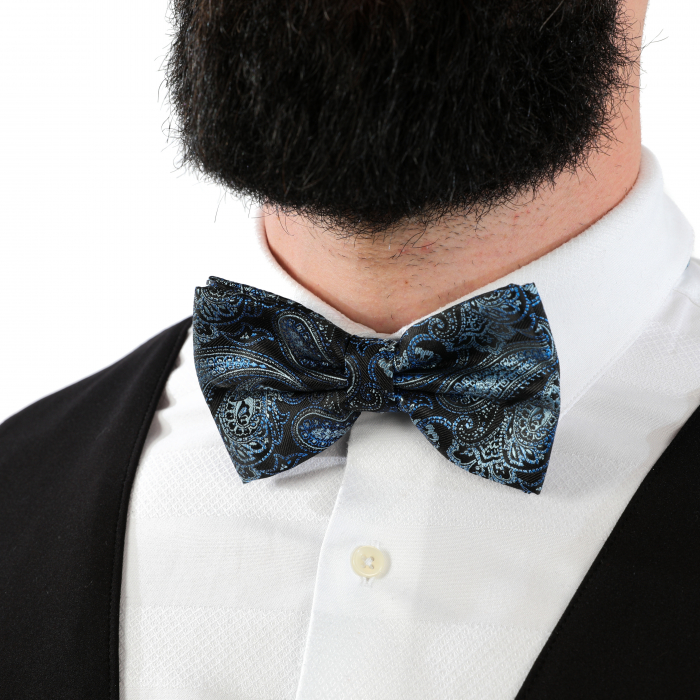 Papion negru cu model albastru cu butoni si batista [8]