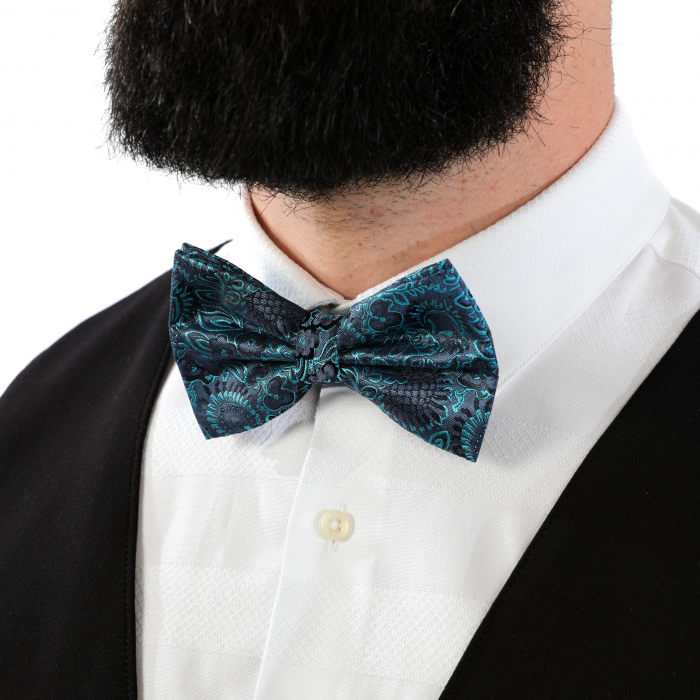 Papion albastru inchis cu model turcoaz cu butoni si batista [9]