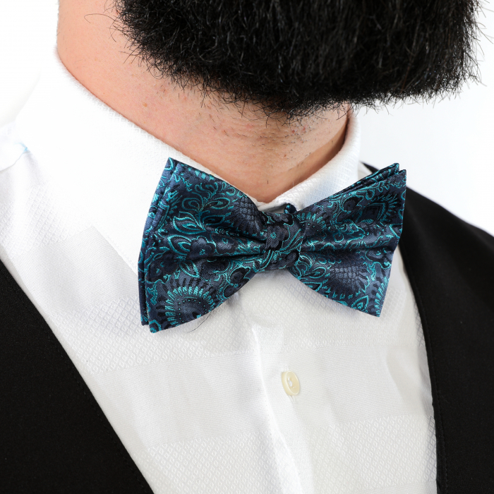 Papion albastru inchis cu model turcoaz cu butoni si batista [10]