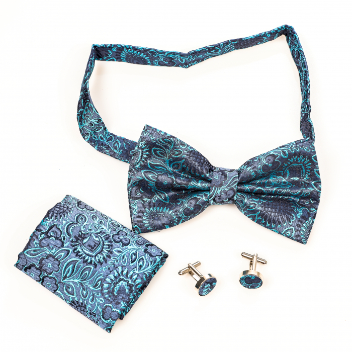 Papion albastru inchis cu model turcoaz cu butoni si batista [4]