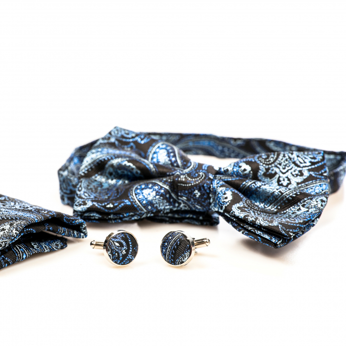 Papion negru cu model albastru cu butoni si batista [5]