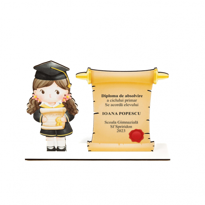 Placheta personalizata din lemn cu fata satena si diploma de absolvire [2]