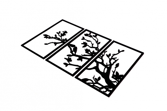 Tablou din 3 piese cu o ramura si pasarele - negru [2]