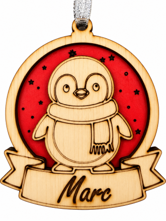Decoratiuni Craciun - Decoratiune cu nume personalizata din lemn cu pinguin