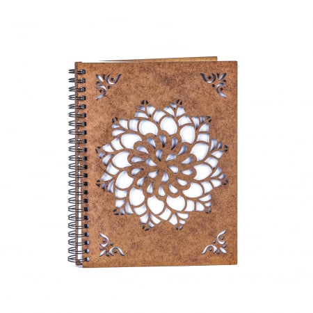 Agende cu mandale si alte modele - Agenda A5 personalizata din lemn cu mandala tip floare care se deschide