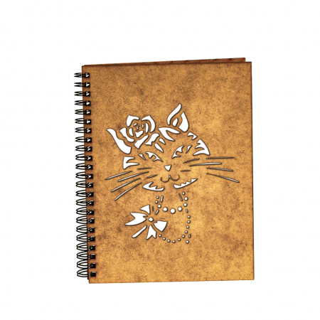Cadouri pentru EA - Agenda A5 personalizata din lemn cu pisica cu palarie