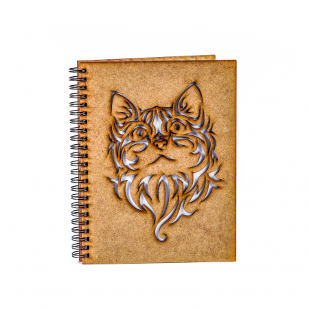 Cadouri pentru mama - Agenda A5 personalizata din lemn cu Pisica pufoasa