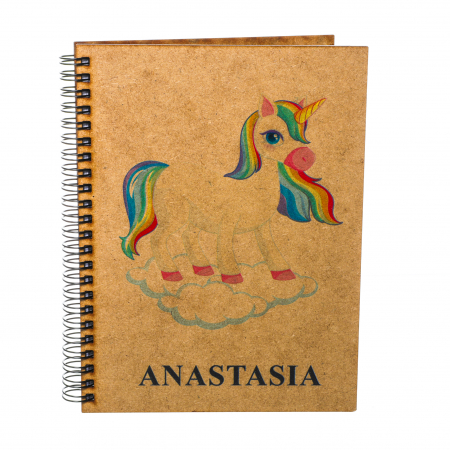 Agende cu mandale si alte modele - Agenda A5 personalizata din lemn pentru fetite cu unicorn si nume personalizat, print UV