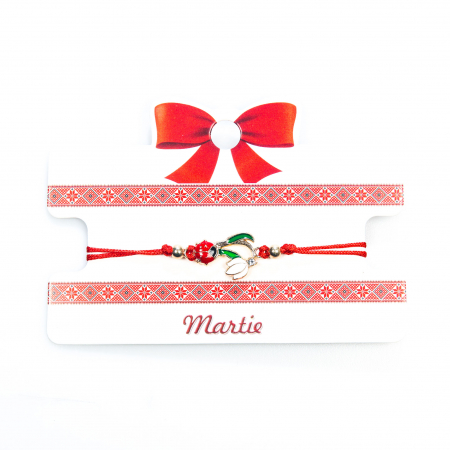 Martisoare - Bratara rosie, martisor, cu snur reglabil, model cu ghiocel si buburuza