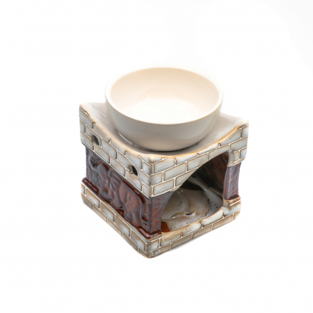 Vas ceramic alb cu maro pentru ulei esential, cu elefant si model din caramizi [4]