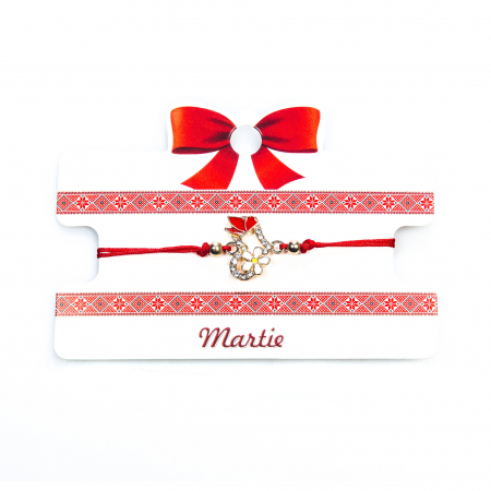 Martisoare - Bratara rosie, martisor, cu snur reglabil, model inimioara cu floricica