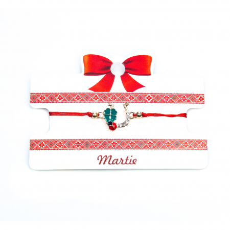 Martisoare - Bratara rosie, martisor, cu snur reglabil, model cu potcoava si trifoi