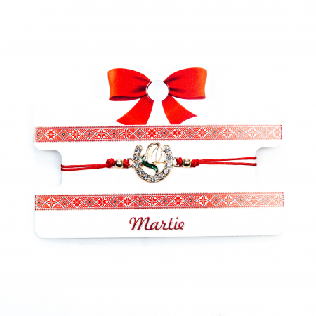 Martisoare - Bratara rosie, martisor, cu snur reglabil, model cu potcoava si ghiocel