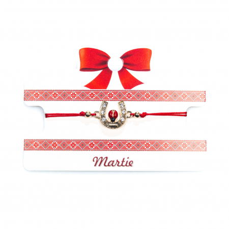 Martisoare - Bratara rosie, martisor, cu snur reglabil, model cu potcoava si buburuza