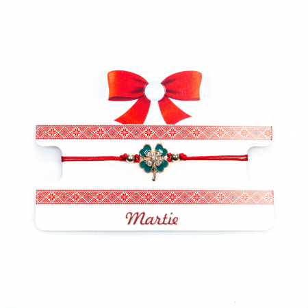 Martisoare - Bratara rosie, martisor, cu snur reglabil, model cu trifoi