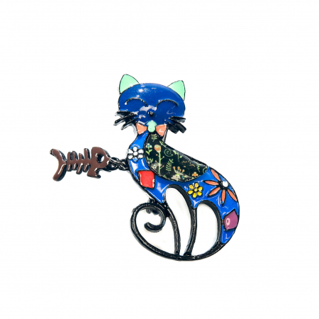 Cercei din lemn - Brosa medie cu pisicuta albastra stilizata cu pestisor